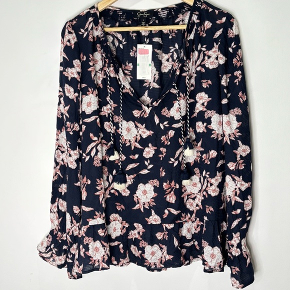 Jessica Simpson Black Floral Cottagecore Neutral Boho Blouse Top Large NEW L50 - Picture 1 of 16
